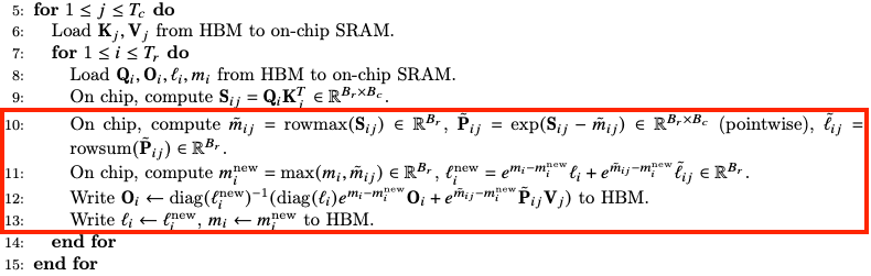 FlashAttention pseudocode for computing tile statistics and updating the accumulated attention output